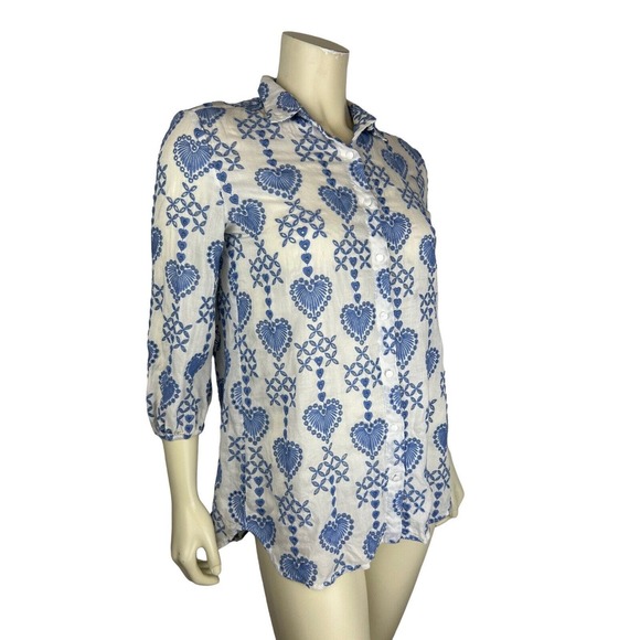Johnny Was Jade Heart Embroidered Top Size XS Maeve Button Down White Blue Boho - Picture 2 of 12